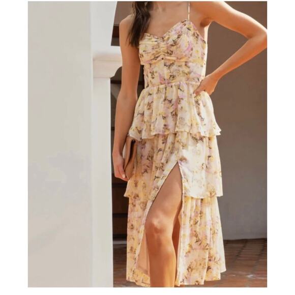 House of Harlow 1960 Corset Style Lace Up Boned Bodice Floral Linen Maxi Dress M - Picture 1 of 9